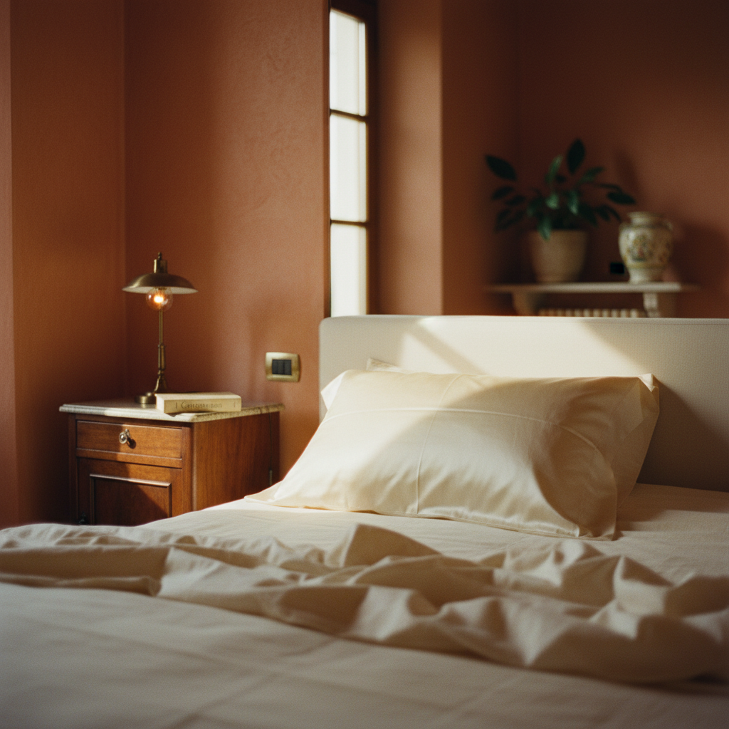 Camera da letto editoriale italiana con muri terracotta e federa Notturé in seta