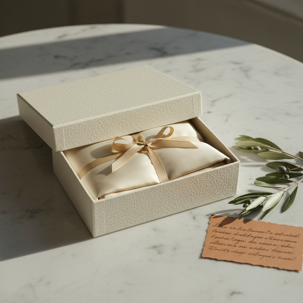 Cofanetto regalo Notturé in carta avorio con nastro e ramo d'ulivo