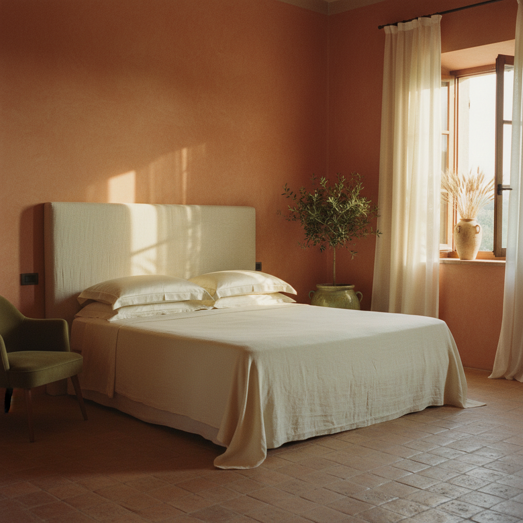 Camera da letto editoriale italiana con muri terracotta, federa e lenzuola in seta di gelso Notturé
